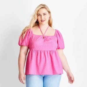 Future Collective Women's XL Pink Square Tie Neck Puffed Short Sleeve Top